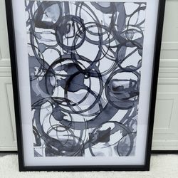 Large Wall Art Home Decor Painting 40” by 30” Geometric Circles Black White Abstract Matted Black Wood Frame 