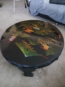 Vintage Asian Round Table with Glasstop and Tray