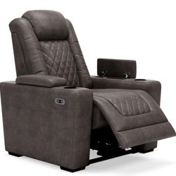 Recliner/Signature Design by Ashley HyllMont Contemporary Faux Leather Power Recliner with Adjustable Headrest, Weathered Gray