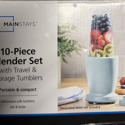 MAINSTAYS™ 10-Piece Blender Set with Travel & Storage Tumblers – Portable Compact Kitchen Blender Kit (Open Box)