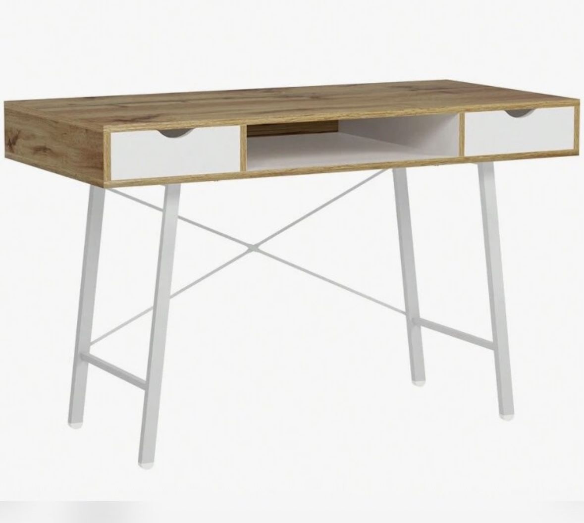47” Modern Writing Desk with Drawers – Wood & White Metal Legs