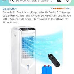 Portable Air Cooler 32” w/4.2 Gallon Tank & Remote