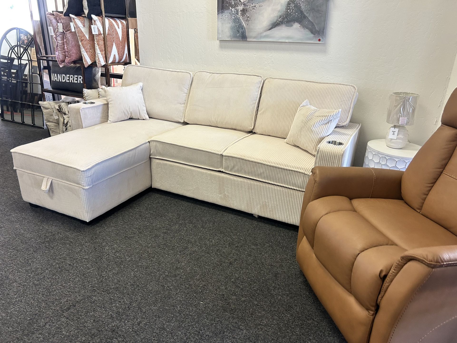 Sleeper Sofa In Corduroy Fabric With Reversible Storage Chaise