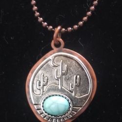 VTG.COPPER& SILVER TOURQUOISE CACTUS PENDANT NECKLACE~34 IN.