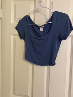 Blue Ribbed Cowl Neck Crop Top