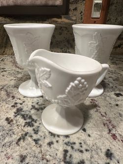 Vintage Indiana Milk Glass Harvest Grape 3-Piece Set (Creamer & 2 Footed Bowls)