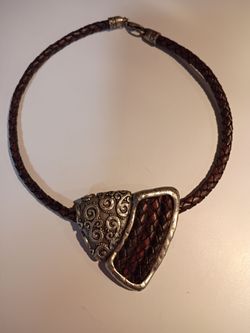 Braided Leather Choker Necklace with Metal Pendant