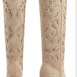 ISNOM Knee High Cowboy Cowgirl Boots for Women, Western Boots with Pull On Tab, Chunky Heel Design, Unique and Stylish, no zip