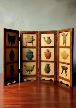 Vintage Chinese four-panel folding table screen featuring applied motifs of archaic bronze vessels and artifacts. 24" Long