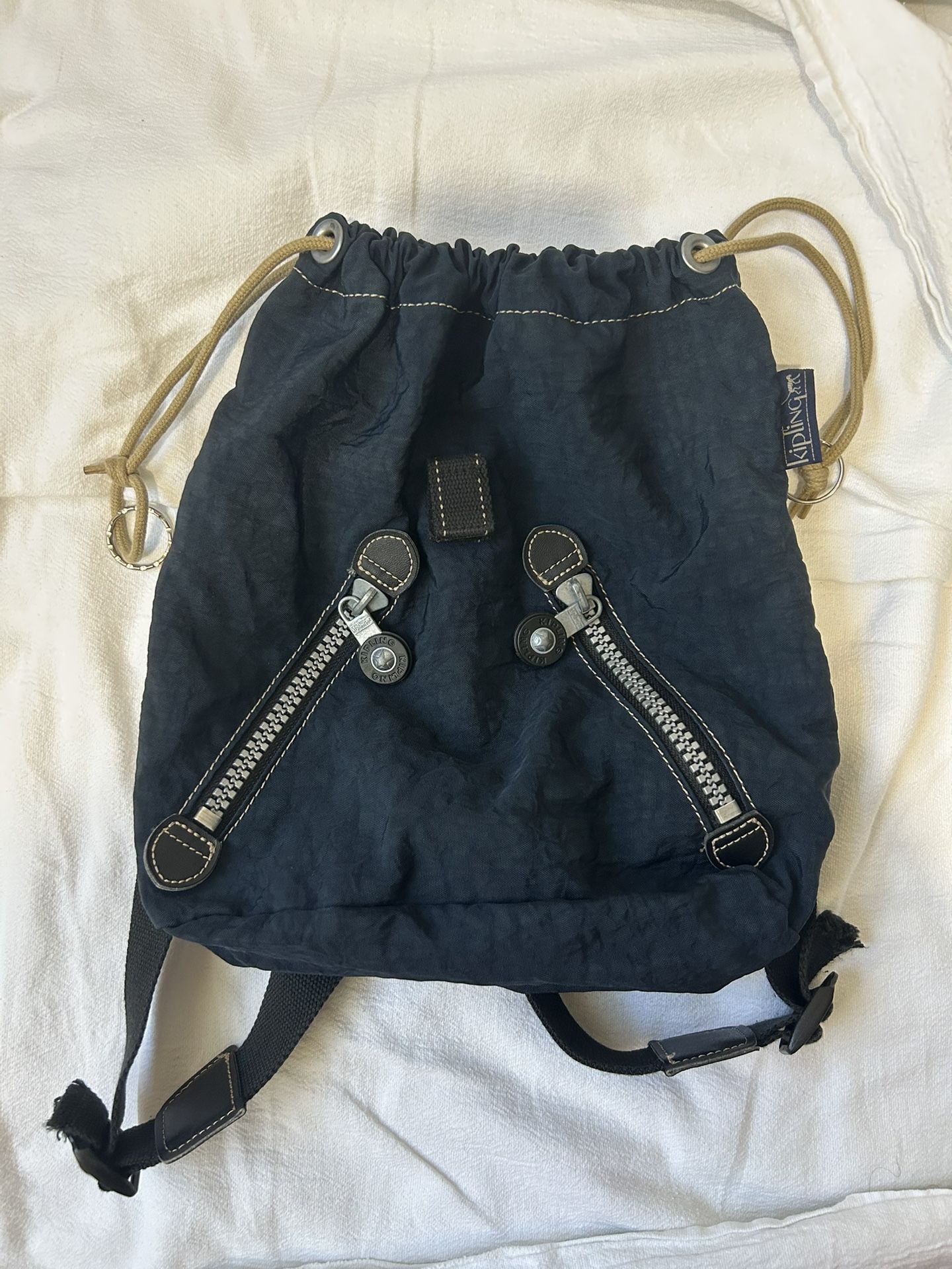 KIPLING Vintage NOS 1990's Black Drawstring Backpack Bag 12x12 Adjustable Straps
