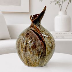 Signed Studio Art Pottery Vase 10.5” Sculptural Swirl Rim Earth Tone Glaze