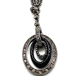 Victorian Style Lavaliere Necklace, Gunmetal, Glass Rhinestones, Oval Pendant, Orbital, Attached, Double Chain, Lavalier, Y Shaped, Signed 