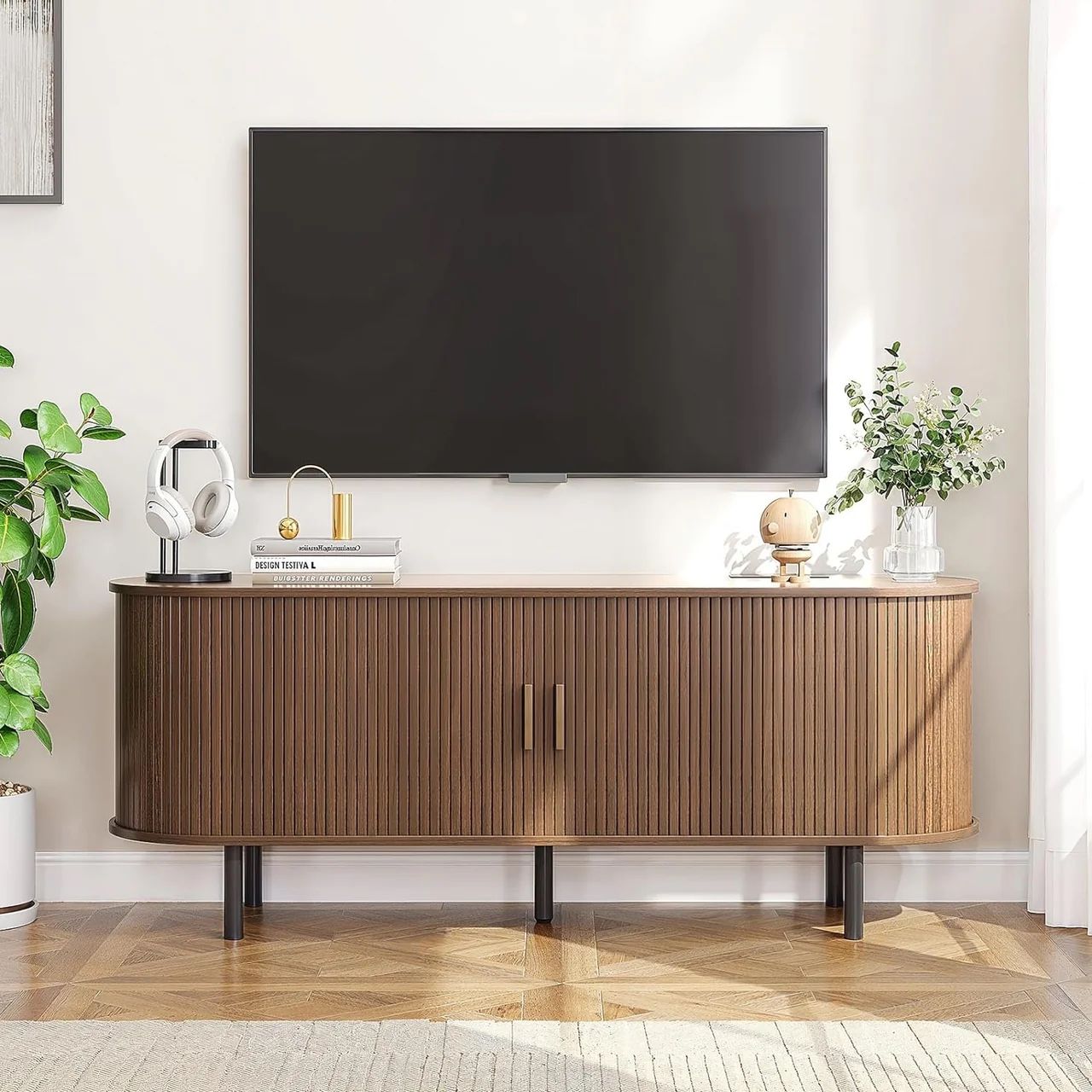 Mid-Century 55” TV Stand – Fluted Doors, Storage Shelves, Charging Ports