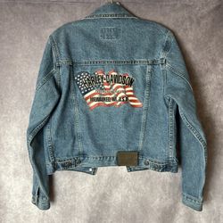 Harley-Davidson VTG Studded Denim Jacket XS Canada Embroidered Logo Flag READ