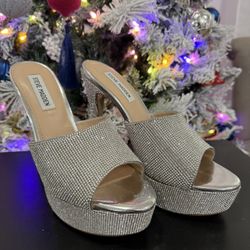 ✨ **Steve Madden Rhinestone Mule Heels | Silver Crystal Platform | Women’s 10