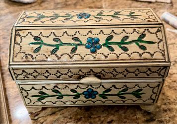 VTG Mexican Embossed Tin Mirror Interior Jewelry Chest Box Hand Painted Enamel