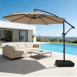 10ft Patio Umbrella with Base Included, Outdoor Offset Cantilever Umbrella with Sandbag Base for Backyard, Garden and Pool, Easy to Tilt and Crank, be