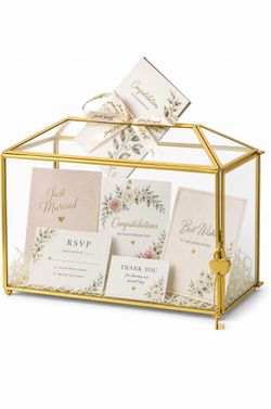12.6" x 5.9" x 9" Glass Wedding Cards Box with Slot and Lock for Micro Wedding Reception, Centerpiece, Home Decorative, Gold (Glass Box Only) Slot Len