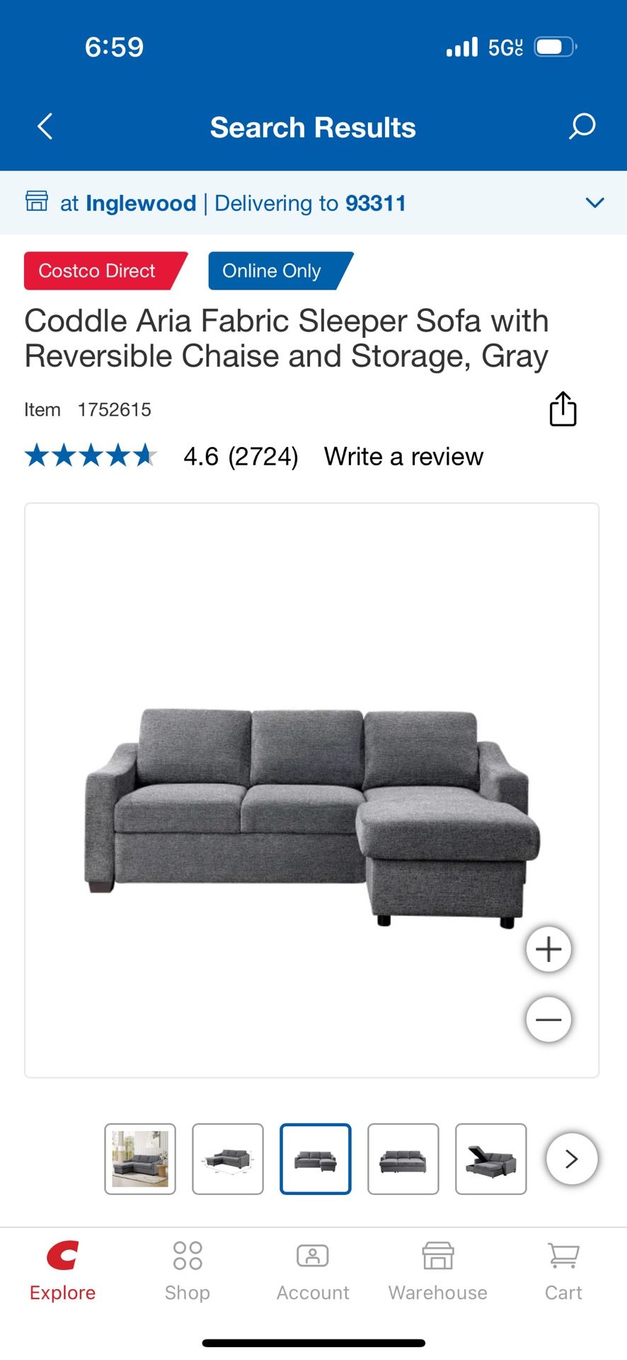 Coddle Aria Fabric Sleeper Sofa with Reversible Chaise and Storage, Gray