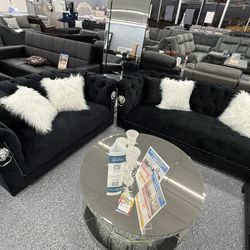 Black Velvet Sofa & Loveseat Set With Lion-head Accents