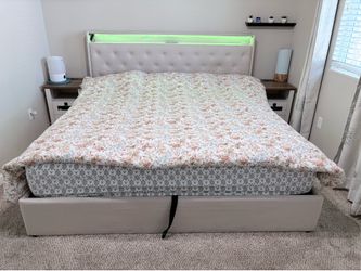 King Storage Bed with LED Headboard and Matching Power Nightstands and mattress