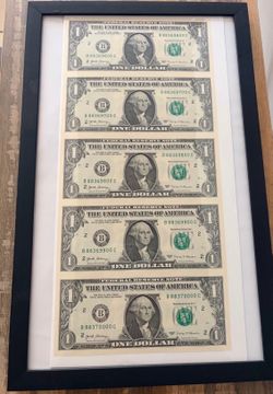 Framed 2017 $1 Uncut Sheet of 5 Notes - US Mint Folder
