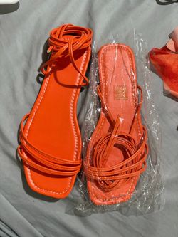 Orange Strappy Lace-Up Flat Sandals