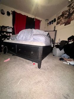 Bed frame, bed side table, and dresser plus mirror