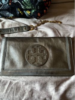 Tory Burch metallic leather silver clutch