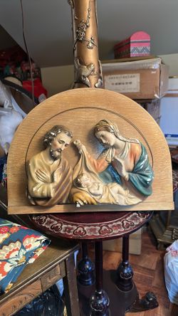 Old Nativity wall plaque plaster on wood
