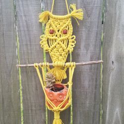 Bright Yellow Owl Macrame Plant Holder