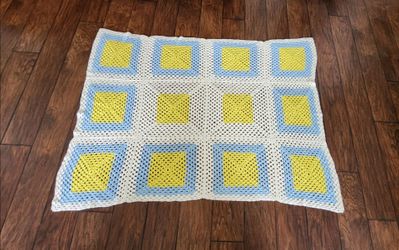 1980s Hand Crochet Granny Square Afghan Blanket 53"