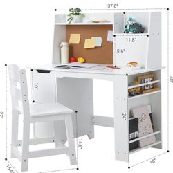 Kids Study Desk and Chair Set with Storage - White Learning Table with Bookshelf and Cabinets for Boys and Girls Ages 3-8