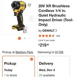 DEWALT XR “QUIET HYDRAULIC “ IMPACT DRIVER NEW