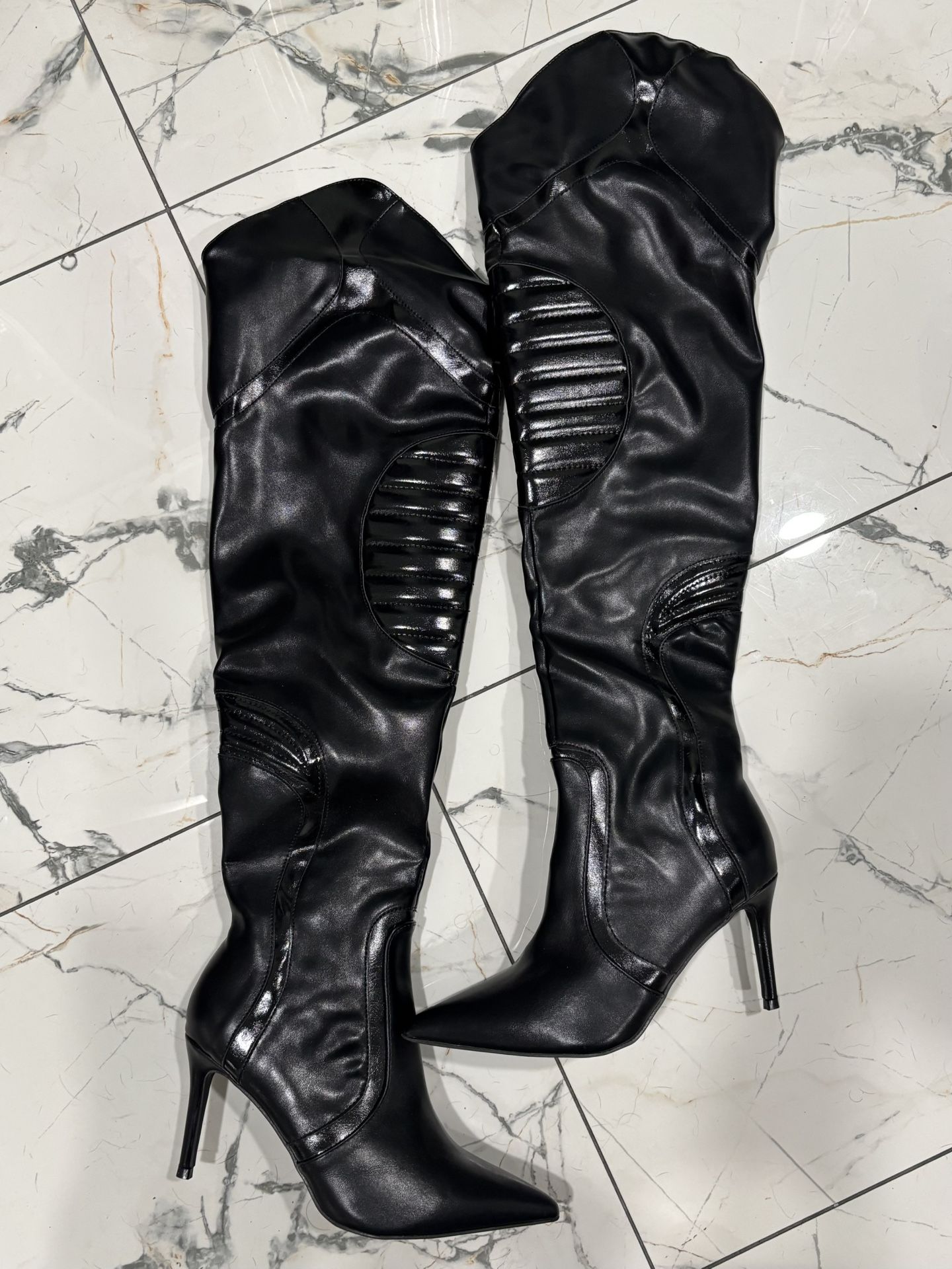 Black Moto Chic Leather Thigh High Boots 7 Women’s