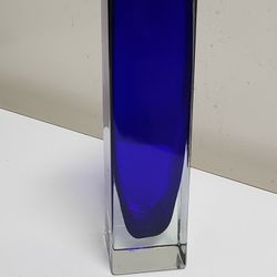 Vintage Clear Blue Cased Glass Cuboid Vase