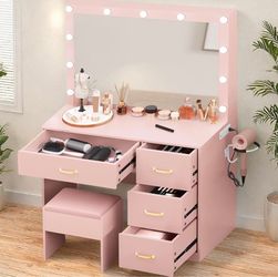 Pink Vanity Desk with Lighted Mirror