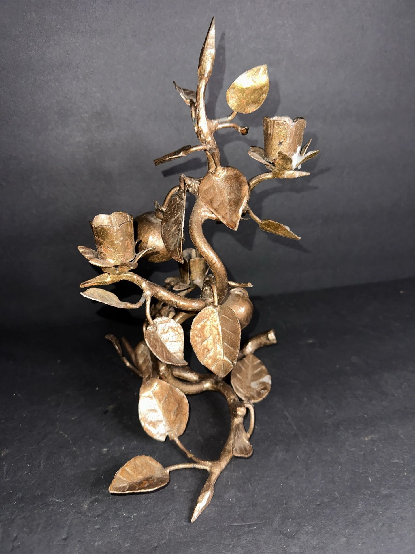 Gold Tone Metal 11 Taper Candle Holder pomegranate Leaves #R10