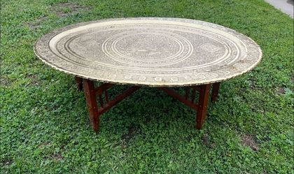 Vintage Brass Tray Coffee Table with Folding Wood Stand