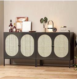 Black Sideboard Cabinet with Rattan Door Panels