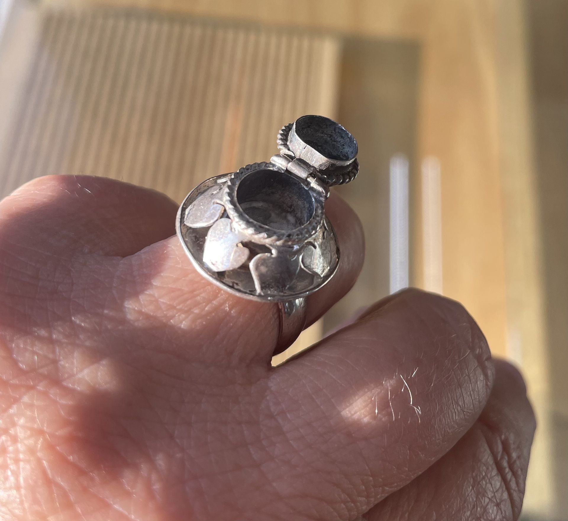 Tiger Eye Ring Hidden Compartment Ace of Hearts pill Silver 7.25 HANDMADE NEW LUCKY