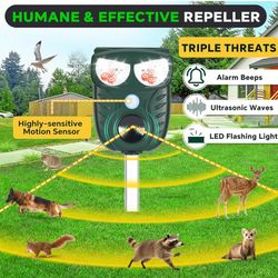 Solar Ultrasonic Animal Repellent Outdoor, Cat Squirrel Raccoon Dog Deer Repellent Device with Motion Detection, IP66 Waterproof Mouse Skunk Rodent De