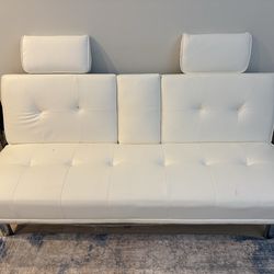 MOVING SALE: Renwick LuxuryGoods Modern Faux Leather Futon with Cupholders and Pillows, White
