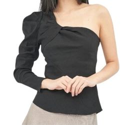 ZARA One Shoulder Black Top Blouse Asymmetrical Long Sleeve Size M