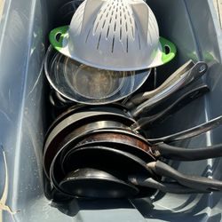 Plastic Container Full Of Dishes/ Pots/ Pans