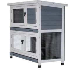 2 Story Solid Wood Rabbit/Bunny Hutch with 2 Large Main Rooms, Indoor Outdoor Rabbit House Guinea Pig Cage Pet House for Small Animals with Ventilatio