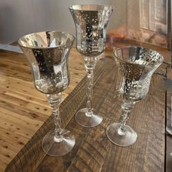 Set Of 3 Silver Mercury Glass Candle Holders