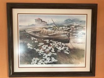 Boat on flower field painting Limited edition, double matted beautiful art work by George Bevill. 32x27 inc