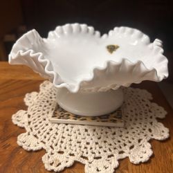 Vintage FENTON Candle Bowl Crimped Ruffled Hobnail Milk Glass - 3.5" T x 8" L
