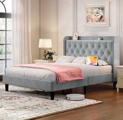 koorlian - Queen Size Bed Frame with Headboard, Adjustable Velvet Upholstered Bed Frame with Type C and USB Ports, Headboard with Backrest and Storage